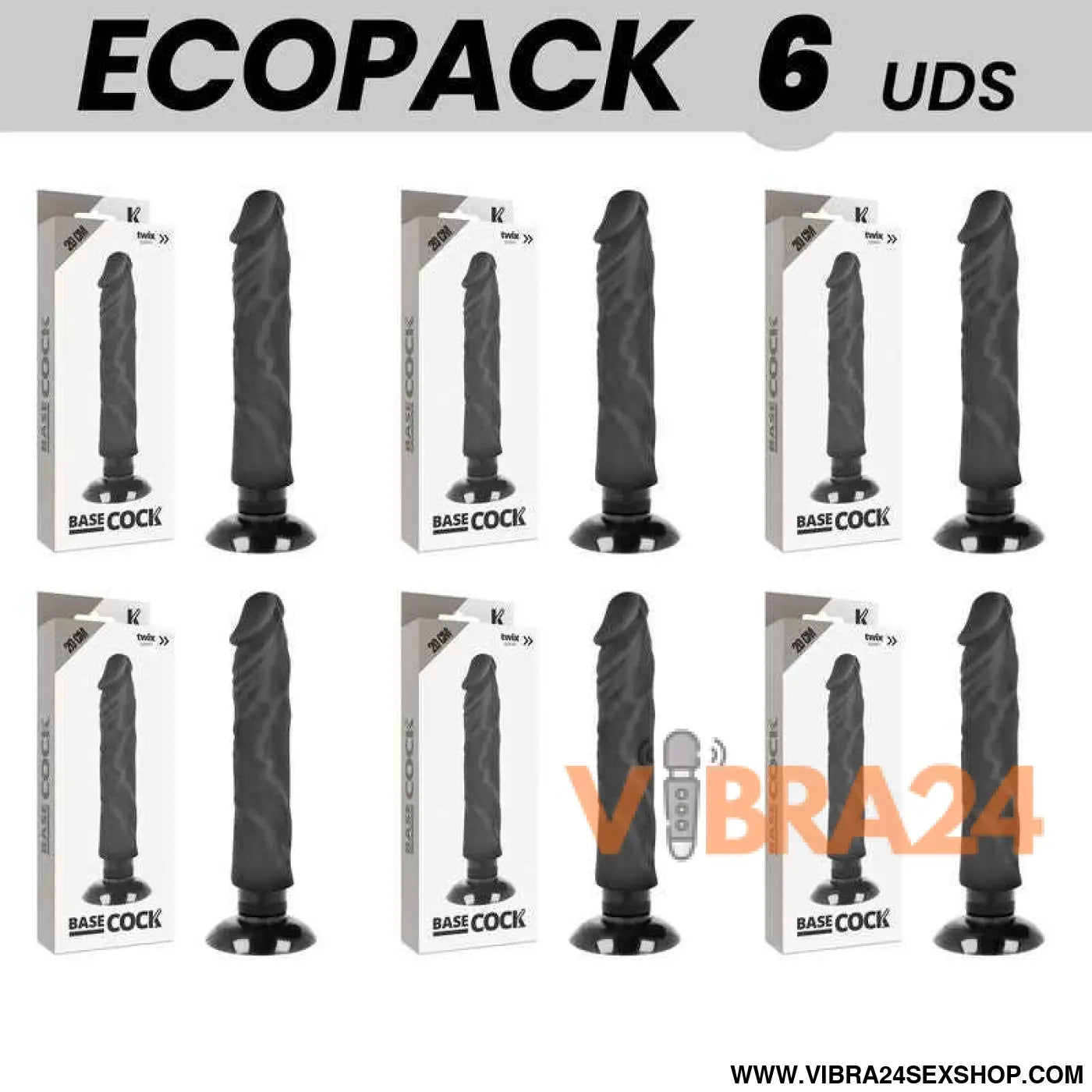ECOPACK 6 UNIT - BASECOCK VIBRADOR REALÍSTICO 2-1 PRETO 20 CM -O- 4