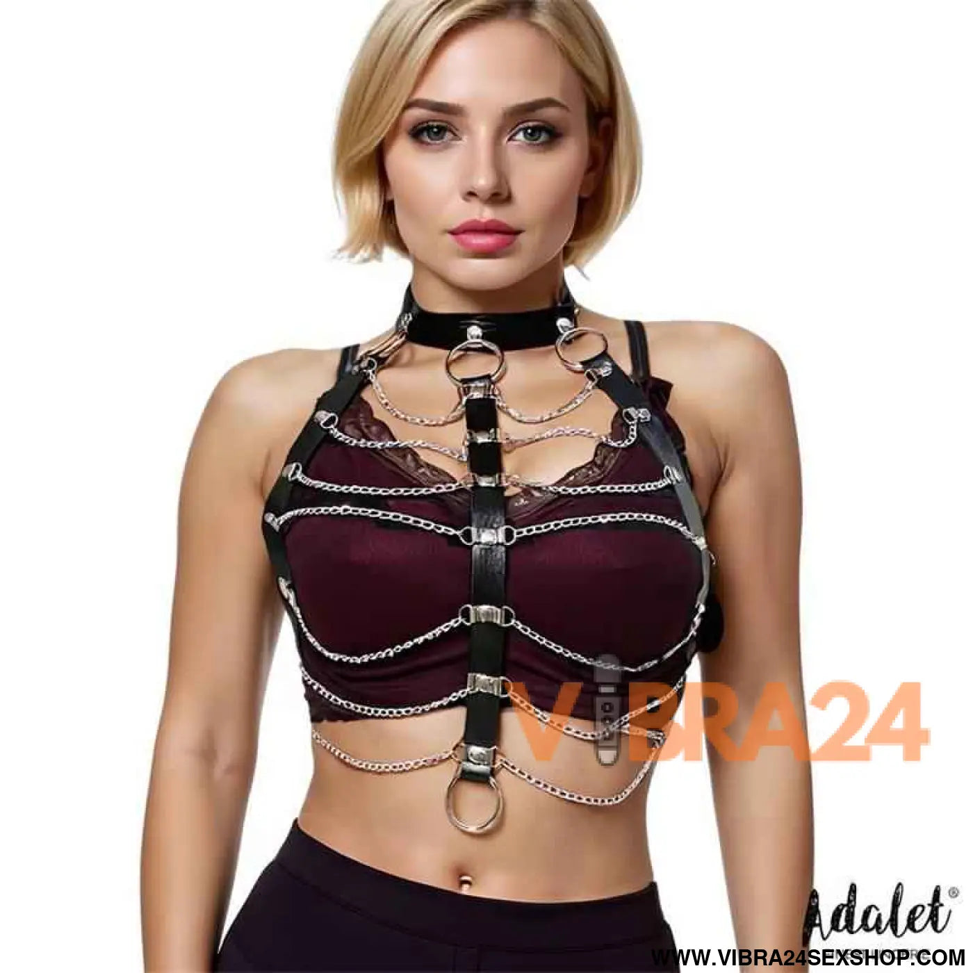 Hilda Vegan Leather Chest Harness with Chain One size