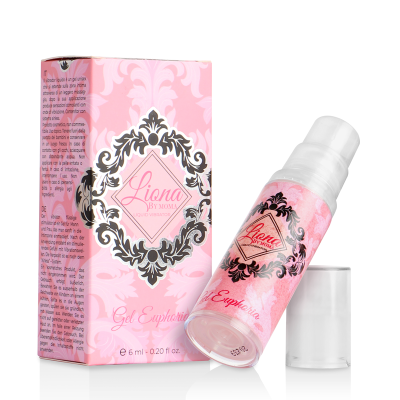 Embalagem rosa e preta ornamentada do gel euphoric liona by moma spray 6 ml para vibração loja erotica vibra24 sexshop