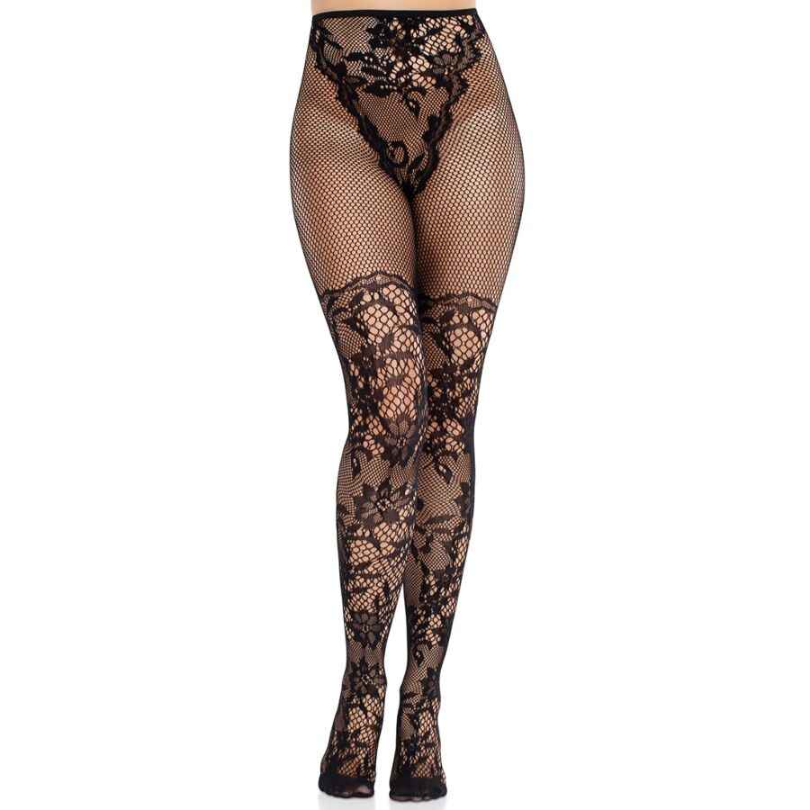 LEG AVENUE - MEIAS DE RENDA DÁLIA COM DETALHE DE REDE PRETAS