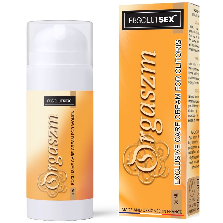 Creme estimulante de clitóris orgaszm 30ml em frasco branco com etiqueta laranja e caixa da vibra24 sexshop loja erotica