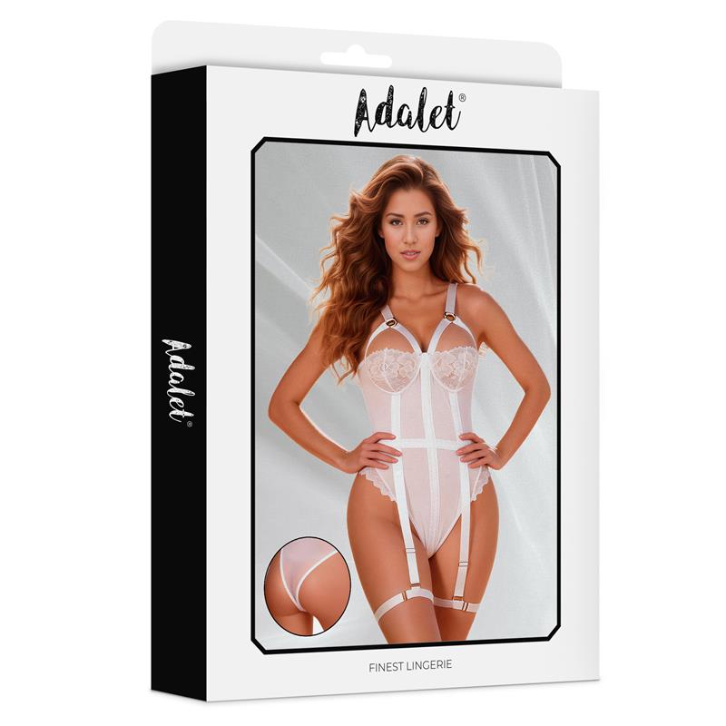 Adalet Lingerie – Mary: Teddy com Cinta-liga e Argola para Perna em Branco para Elegância e Sofisticação