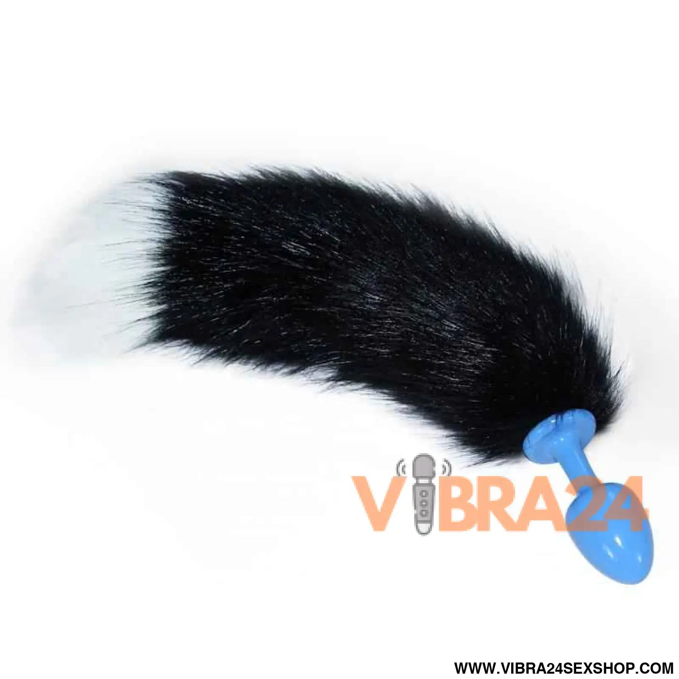 Metal Butt Plug Blue with Black and White Fox Tail