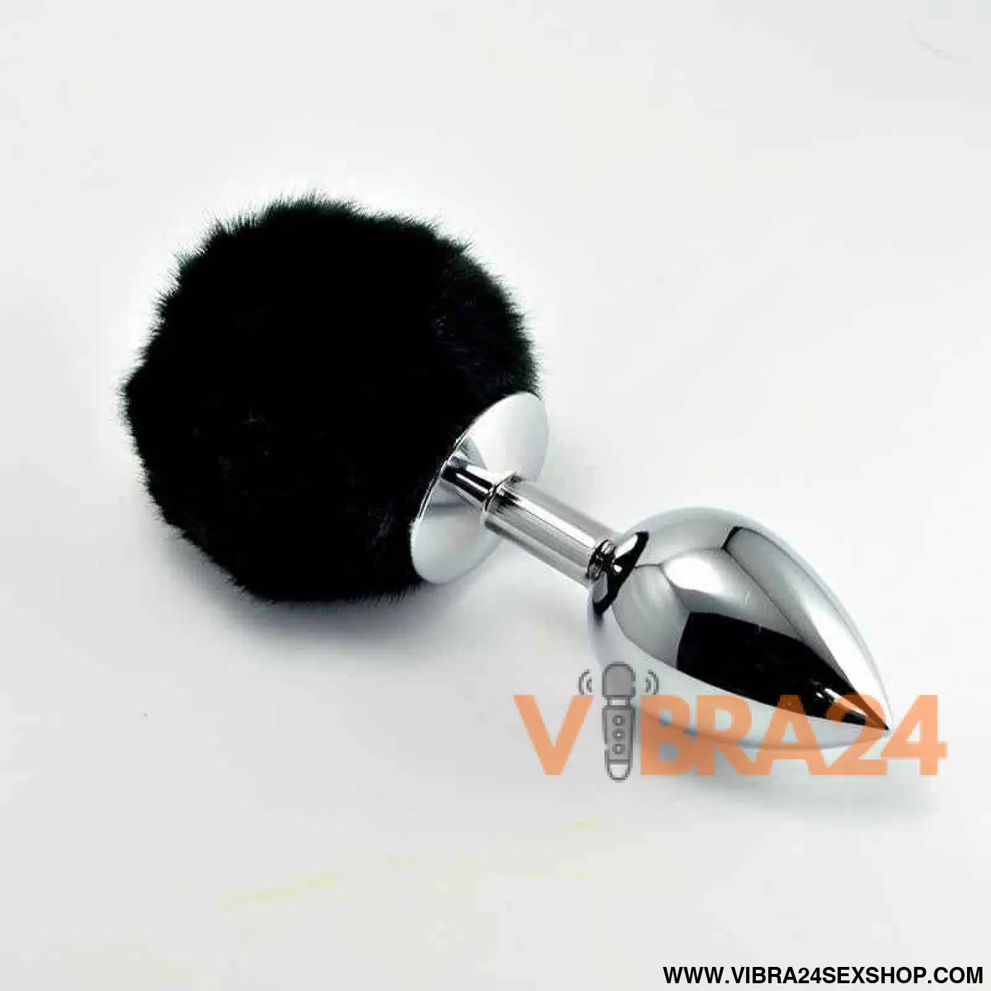 Metal Butt Plug with Black Pompon Size L