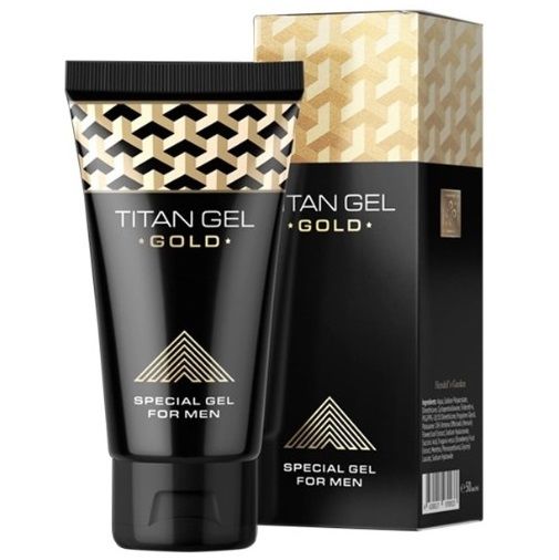Tubo preto de titan gel gold com tampa geométrica dourada e preta em coleção de estimulantes sexuais para homens