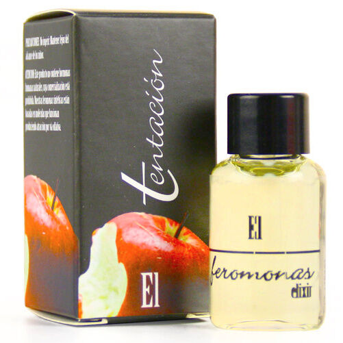 Garrafa de vidro clara com tampa preta contendo líquido amarelo pálido do perfume masculino el femeninas elixir ao lado da caixa preta com ilustração de maçã da marca tentación para perfumes masculinos com feromonas