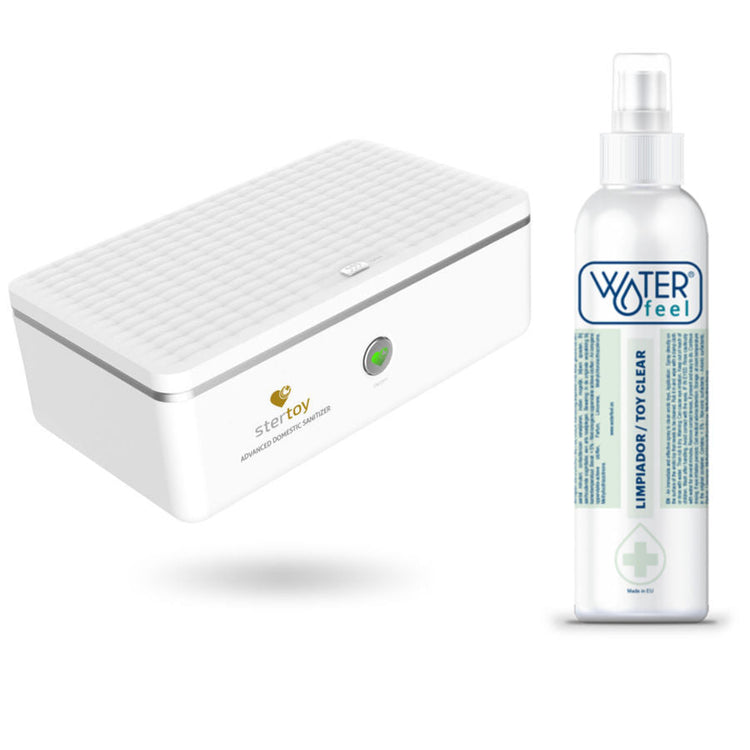 Caixa branca retangular stertoy sanitizador doméstico avançado com luz verde e frasco spray waterfeel para desinfeção de brinquedos sexuais