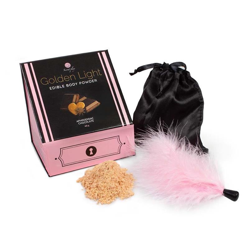 Pó comestível de chocolate canela e gengibre com brilho dourado em embalagem rosa e preta com pó castanho ao lado loja erotica vibra24 sexshop