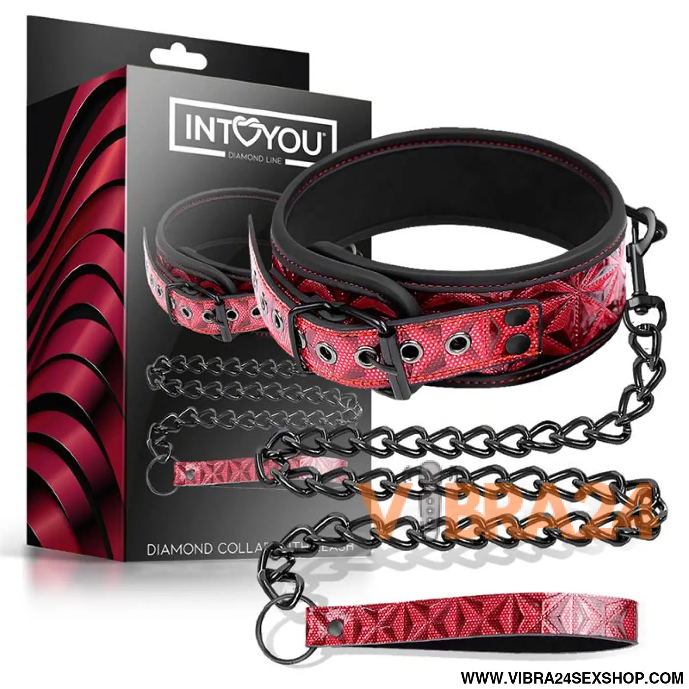Adjustable Collar With Leash Diamond Vegan Leather