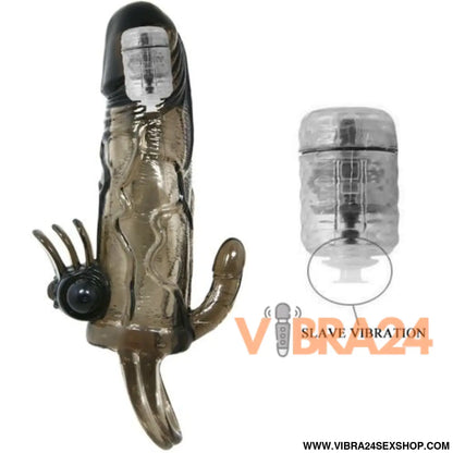 BAILE - CAPA PARA PÉNIS BRAVE MAN COM ESTIMULAÇÃO CLITÓRICA E ANAL DUPLA BALA PRETA 16.5 CM