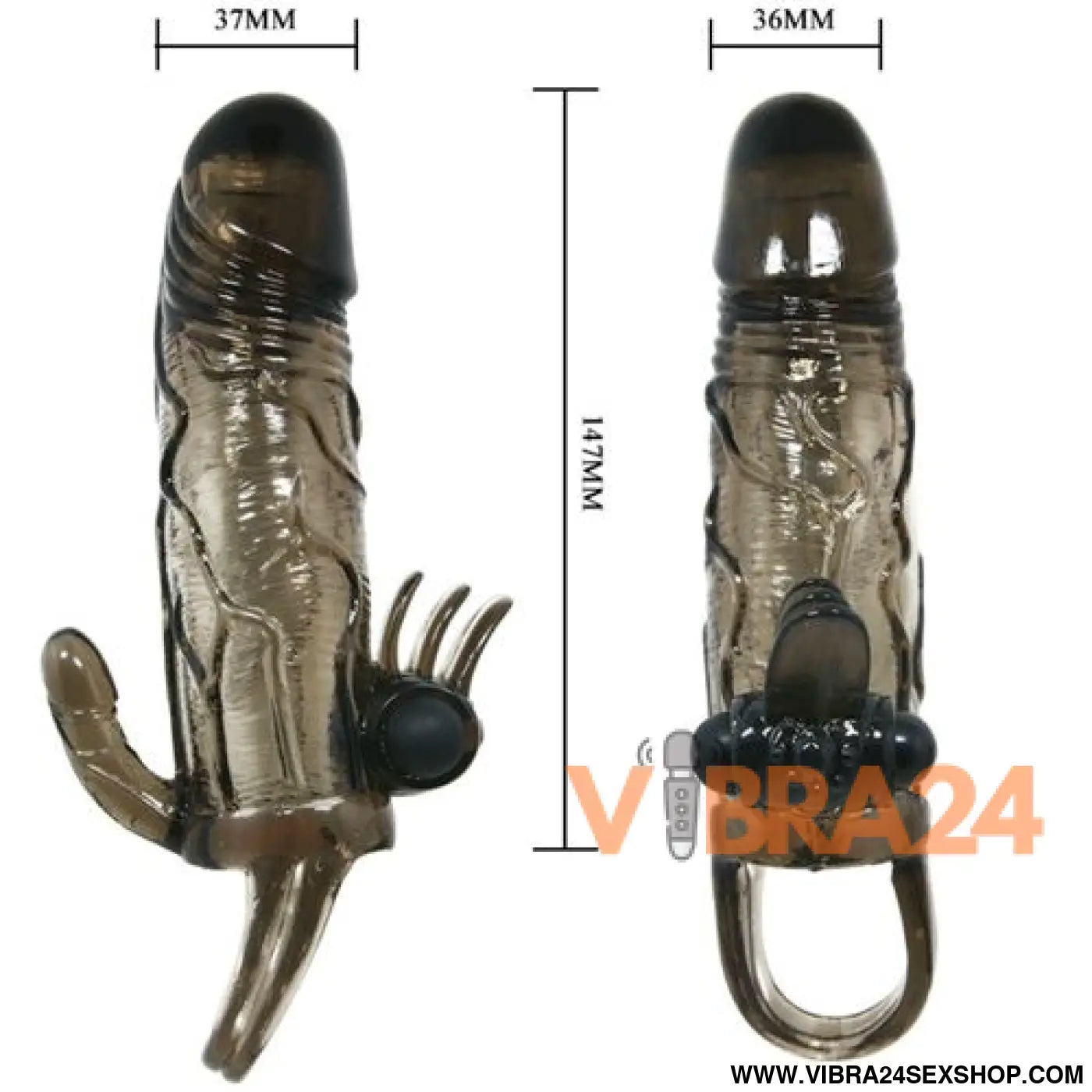 BAILE - CAPA PARA PÉNIS BRAVE MAN COM ESTIMULAÇÃO CLITÓRICA E ANAL DUPLA BALA PRETA 16.5 CM