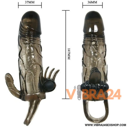 BAILE - CAPA PARA PÉNIS BRAVE MAN COM ESTIMULAÇÃO CLITÓRICA E ANAL DUPLA BALA PRETA 16.5 CM