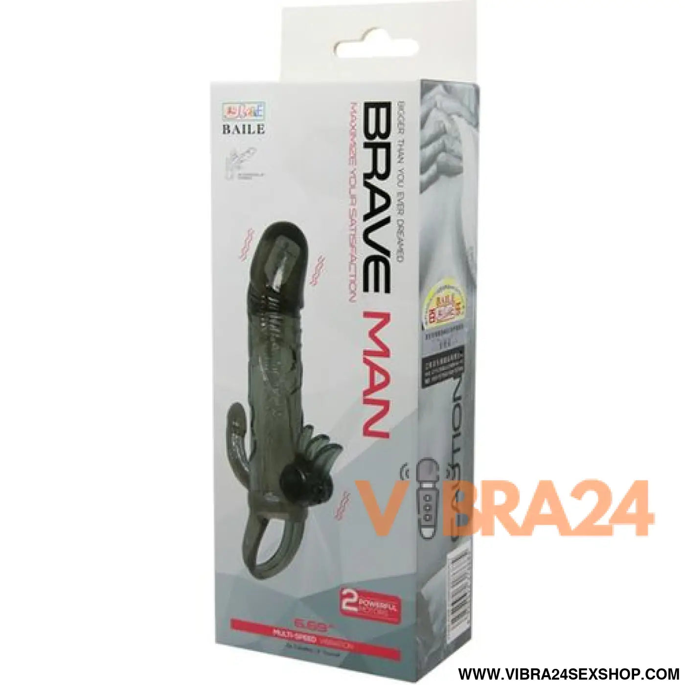 BAILE - CAPA PARA PÉNIS BRAVE MAN COM ESTIMULAÇÃO CLITÓRICA E ANAL DUPLA BALA PRETA 16.5 CM
