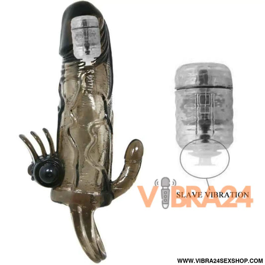 BAILE - CAPA PARA PÉNIS BRAVE MAN COM ESTIMULAÇÃO CLITÓRICA E ANAL DUPLA BALA PRETA 16.5 CM