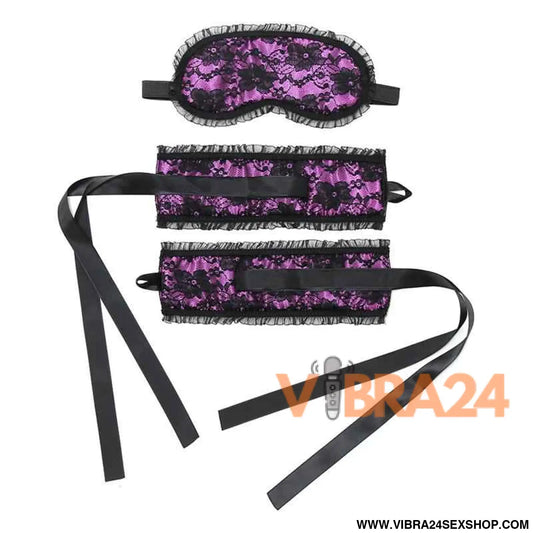 Bondage Satin Look Handcuffs with Mask Purple