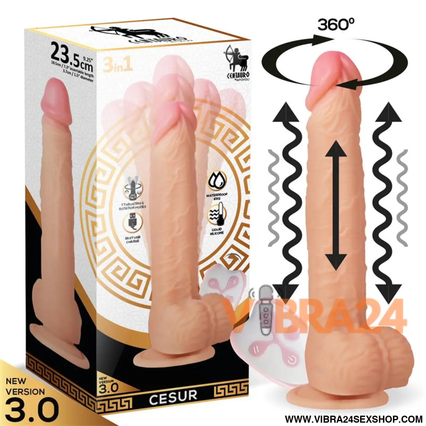 Cesur 3.0 Realistic Dildo Vibrating Wavy 360º and Up-and-Down Movement Remote Control USB