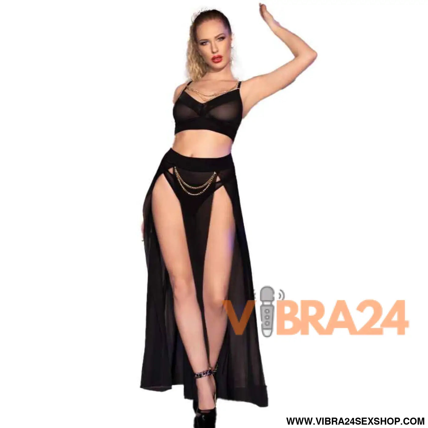CHILIROSE - CR 4672 SAIA TOP PRETA E TANGA COM CORRENTES DOURADAS M