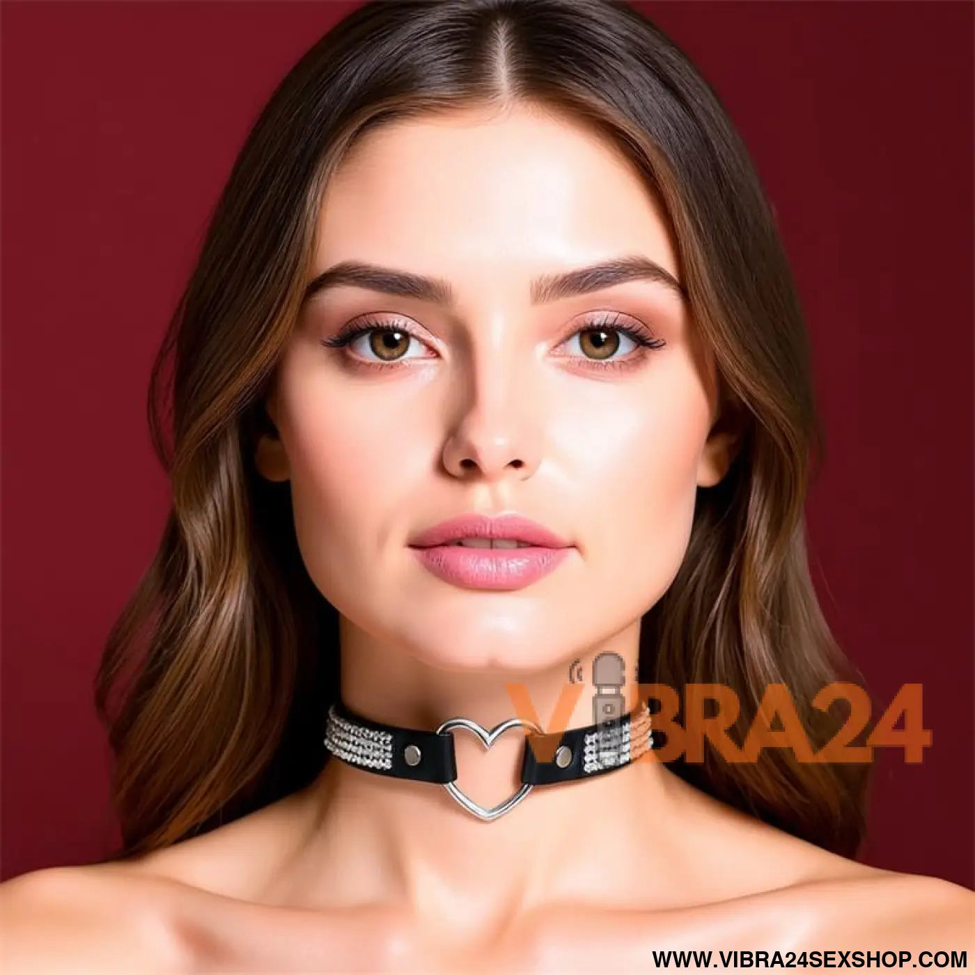 Collar with Heart and Rhinestones Choker Style Vegan Leather One Size