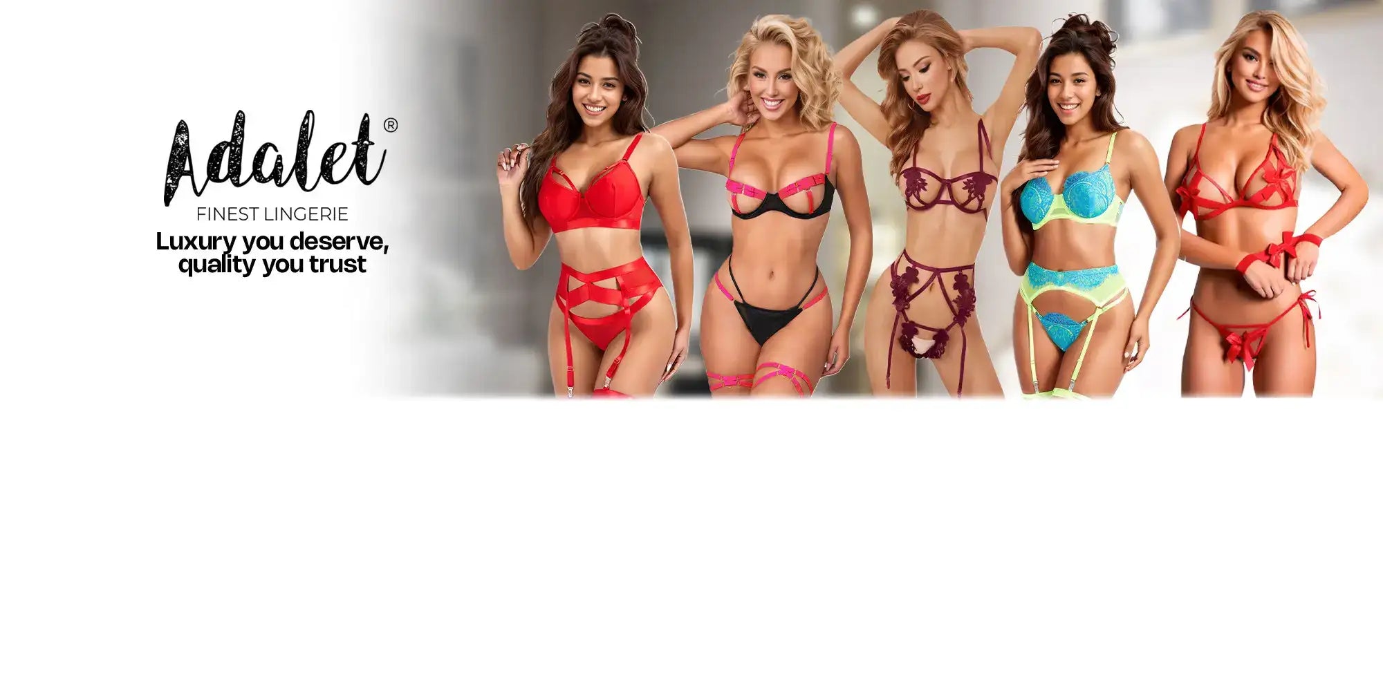 Conjuntos de lingerie da marca Adaelet em tons vibrantes de vermelho, preto, vinho e turquesa, com detalhes em renda.