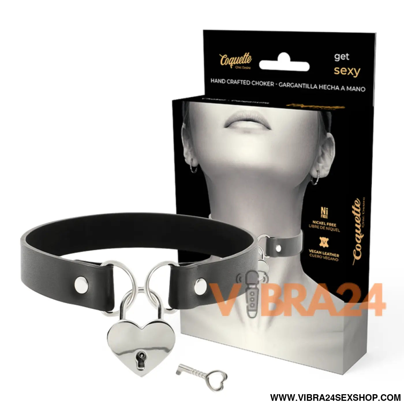 COQUETTE CHIC DESIRE - COLAR DE COURO VEGANO COM ACESSÓRIO CORAO CHAVE