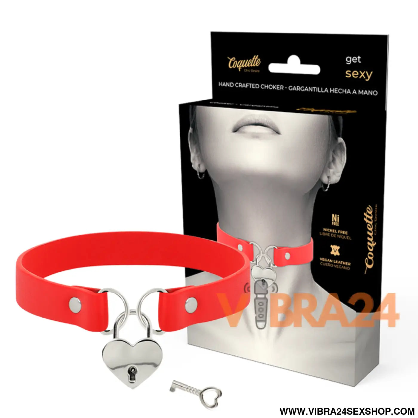 COQUETTE CHIC DESIRE - COLAR DE COURO VEGANO VERMELHO COM ACESSÓRIO CORAO CHAVE