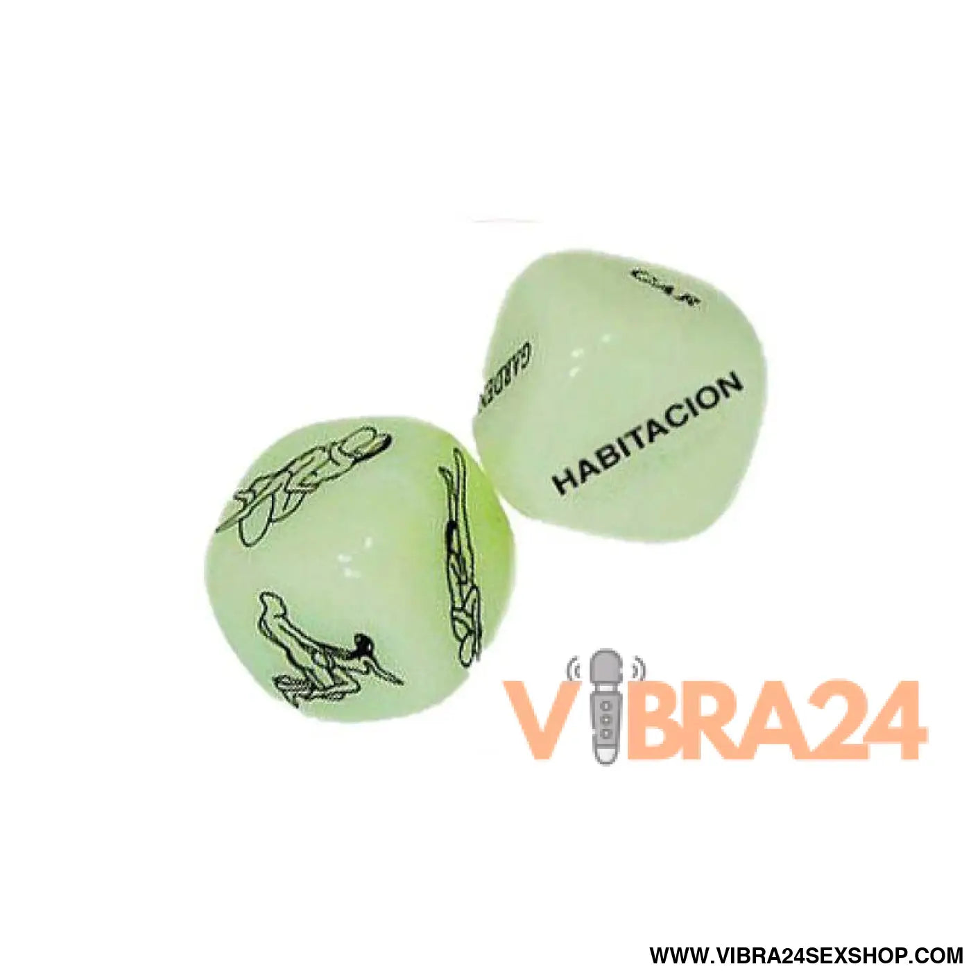 Dados luminescentes verdes que brilham no escuro com ilustrações a tinta preta e saco de cetim fluorescente vibra24