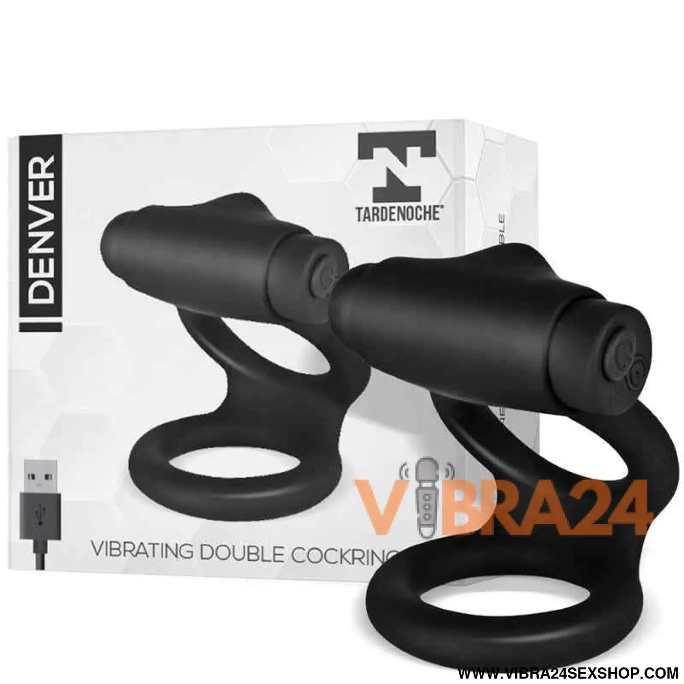 Denver Double Cockring with Vibrating Bullet USB Silicone Black