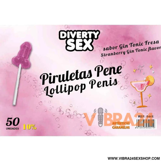 DIABLO GOLOSO - 50 PIRULITOS DE PÊNIS GIN TÔNICA SABOR MORANGO 10% ÁLCOOL