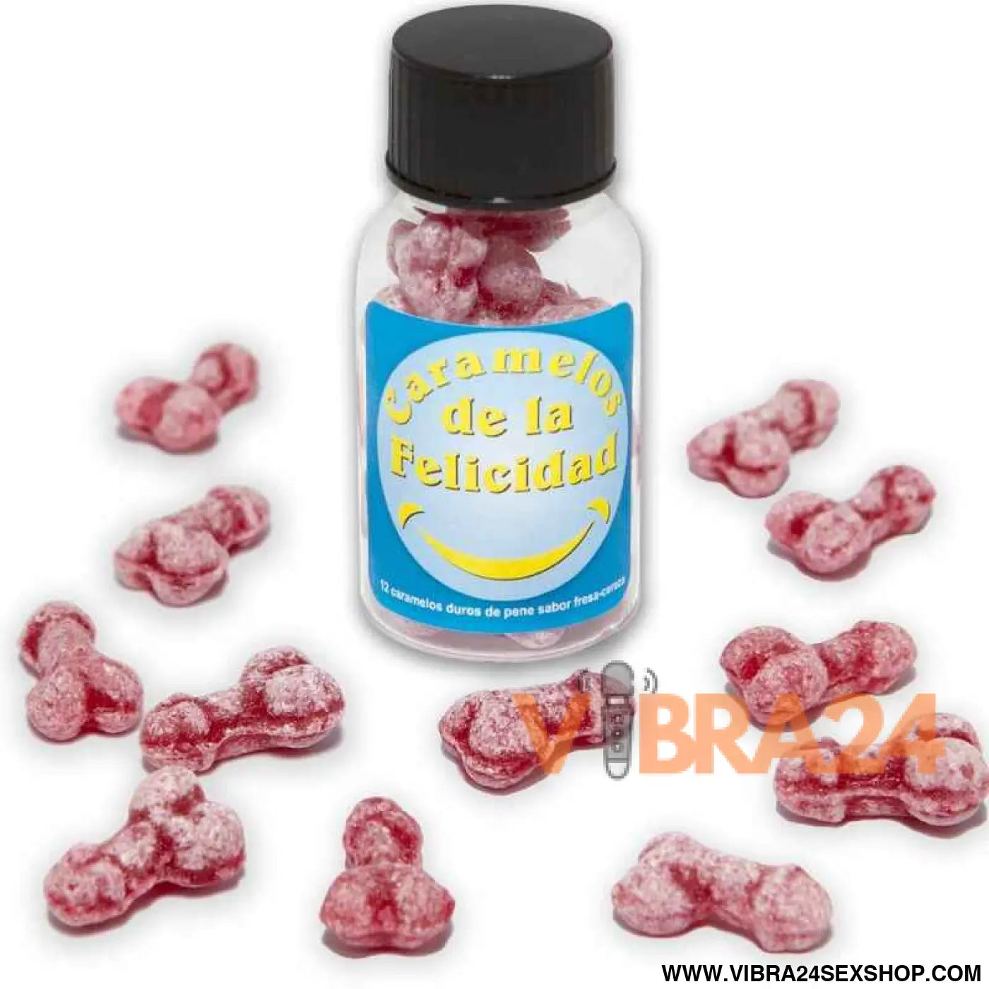 DIABLO PICANTE - POTE COM 12 DOCES DE MORANGO/CEREJA EM FORMATO PÊNIS FELIZ