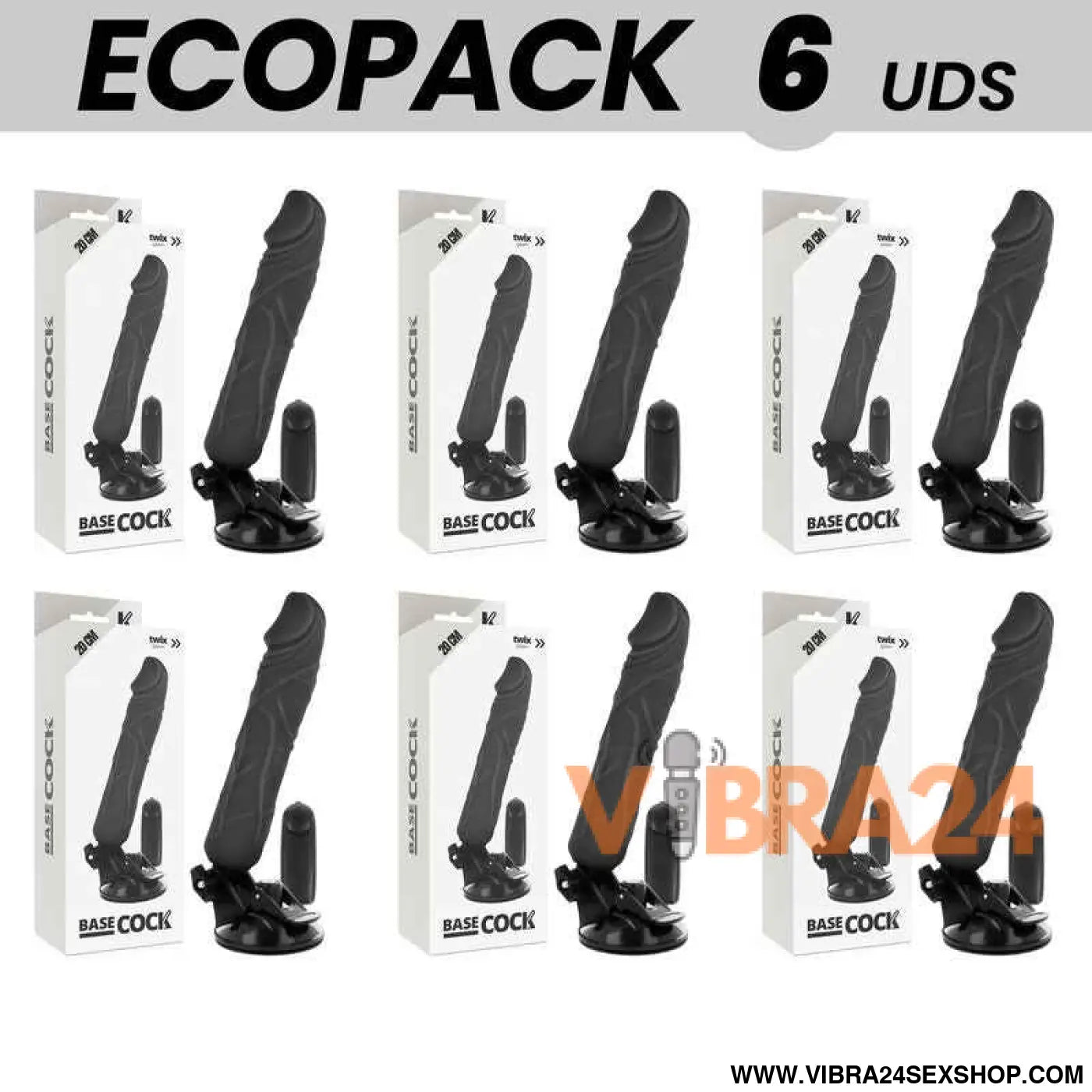 ECOPACK 6 UNIT - BASECOCK CONTROLE REMOTO VIBRADOR REALÍSTICO PRETO 20 CM -O- 4