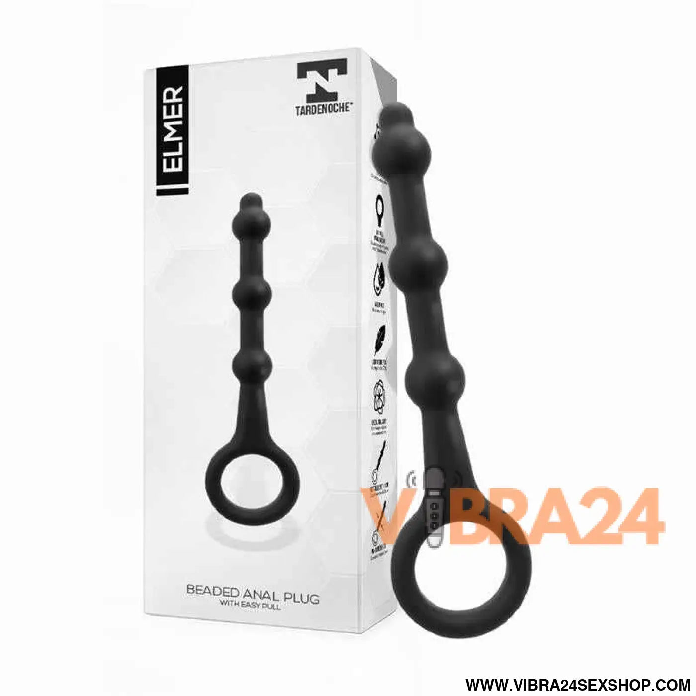 Elmer Beaded Butt Plug with Easy Pull Ring Silicone Black