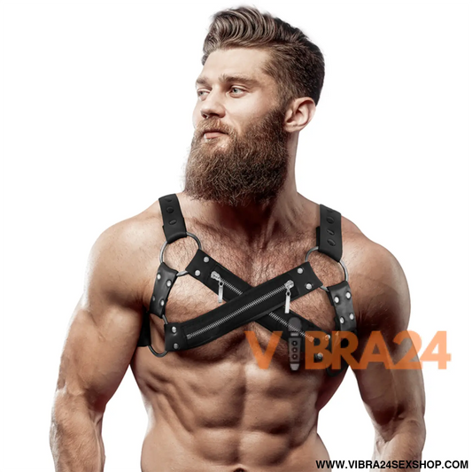 FETISH SUBMISSIVE ATTITUDE - ARNÊS DE BULLDOG PEITO CRUZADO NEOPRENE AJUSTVEL COM ZÍPERES PARA HOMENS