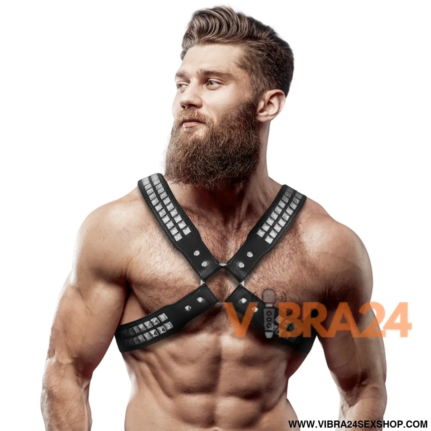 FETISH SUBMISSIVE ATTITUDE - ARNÊS DE COURO ECOLÓGICO COM PEITO CRUZADO E REBITES PARA HOMENS