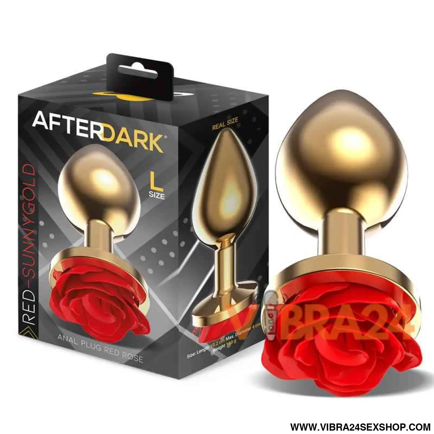 Golden Metal Anal Plug with Red Rose Base Size L