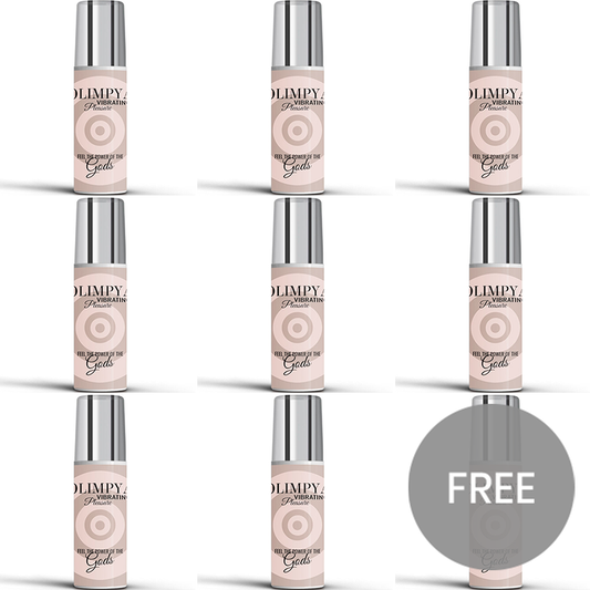 Frascos de perfume rollerball com tampa prateada e etiqueta bege com design de alvo olimpy vibra24 sexshop loja erotica