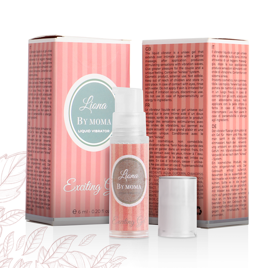 Embalagem rosa às riscas e frasco correspondente com gel vibrador líquido rosa liona by moma na vibra24 sexshop loja erotica