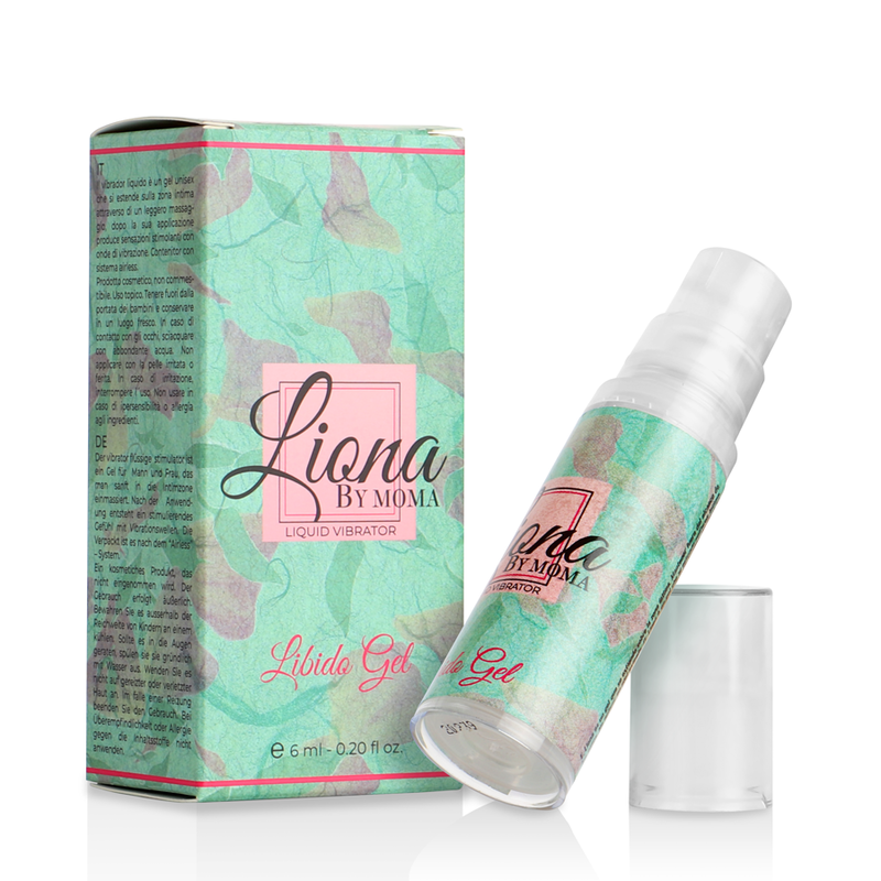 Liona by moma gel libido líquido vibra24 em embalagem spray verde translúcido com caixa rosa para loja erotica
