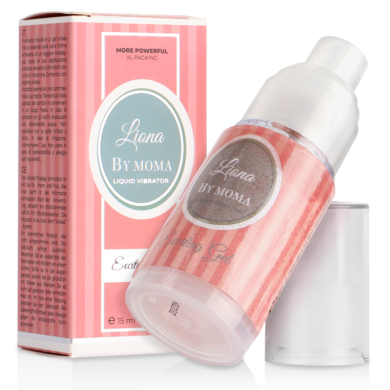 Frasco rosa às riscas liona by moma gel lubricante excitante com doseador claro 15 ml disponível no vibra24 sexshop loja erótica