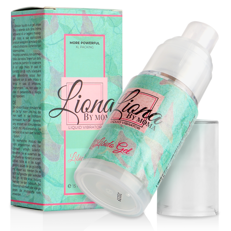 Lionna by moma liquid vibrator libido gel 15 ml em frasco gel translúcido azul esverdeado com branco e marcação rosa vibra24 sexshop loja erotica