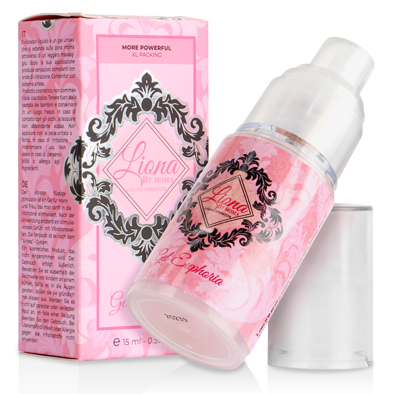 Frasco translúcido rosa com design preto ornamentado e pump branco do gel euforia liona by moma para sexshop vibra24 loja erotica