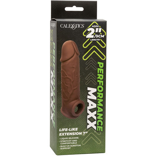 CalExotics – Performance Maxx Life-Like Extension 7: Extensão Realista com Alça Escrotal Integrada em Tom Pele Marrom para Prazer Aprimorado