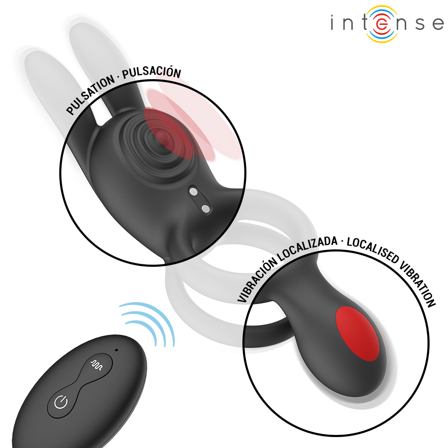 Intense – Quinn: Anel Vibratório Duplo com Orelhas de Coelho, 9 Funções e Controle Remoto - VIBRA24 SEXSHOP