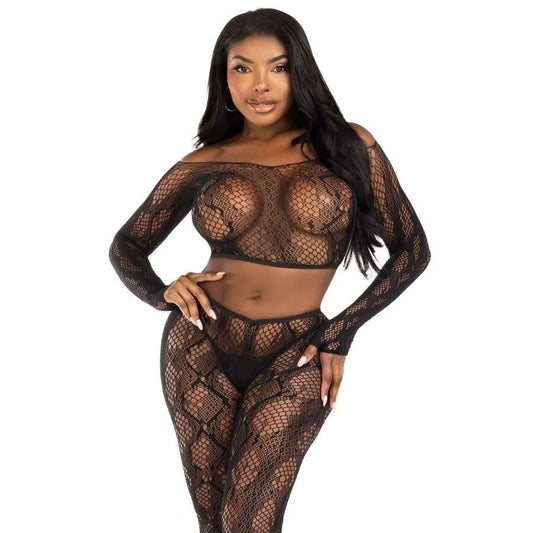 LEG AVENUE - 89373 TOP CROPPED COM ESTAMPA DE PYTHON E MEIA-CALÇA SEM PÉ PRETA - TAMANHO ÚNICO