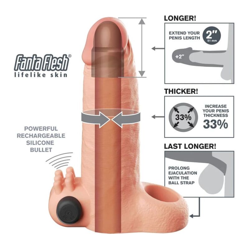 Fantasy X-Tensions – Manga Extensora Vibratória: Aumento de 5 cm com Vibração Realista e Ajuste Seguro em Tom Bege