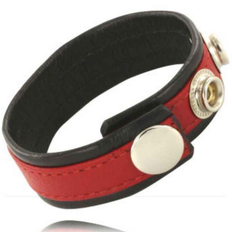 LEATHER BODY - CINTA DE COURO AJUSTVEL PARA PÊNIS VERMELHO-PRETO - VIBRA24 SEXSHOP