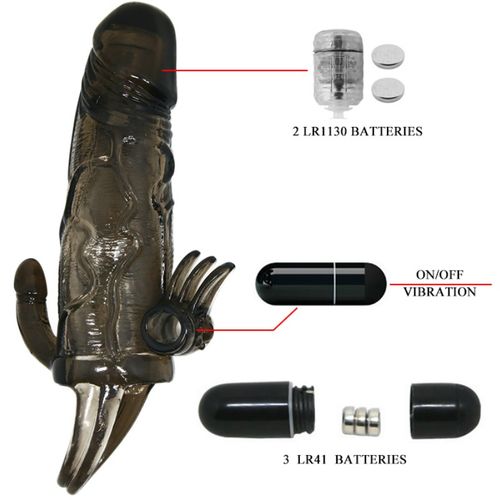 BAILE - CAPA PARA PÉNIS BRAVE MAN COM ESTIMULAÇÃO CLITÓRICA E ANAL DUPLA BALA PRETA 16.5 CM - VIBRA24 SEXSHOP