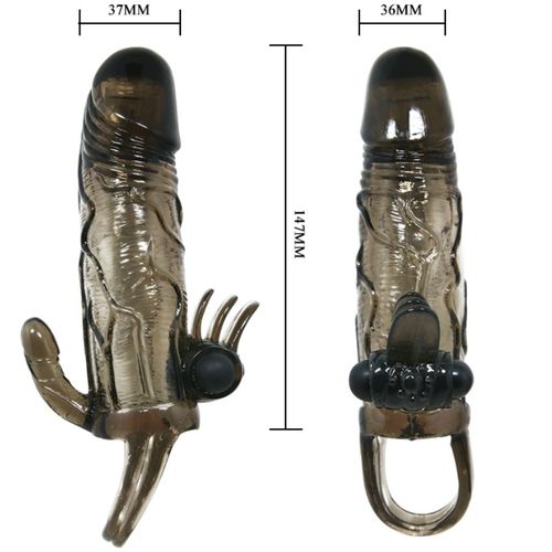 BAILE - CAPA PARA PÉNIS BRAVE MAN COM ESTIMULAÇÃO CLITÓRICA E ANAL DUPLA BALA PRETA 16.5 CM - VIBRA24 SEXSHOP