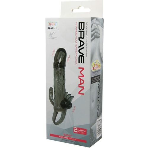 BAILE - CAPA PARA PÉNIS BRAVE MAN COM ESTIMULAÇÃO CLITÓRICA E ANAL DUPLA BALA PRETA 16.5 CM - VIBRA24 SEXSHOP