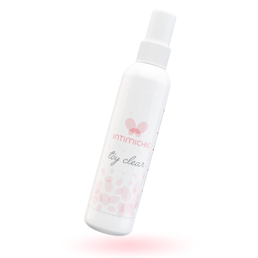 Frasco branco de spray com logo de borboleta rosa e texto intímichic toy clear limpador desinfetante 150 ml vibra24 sexshop loja erótica