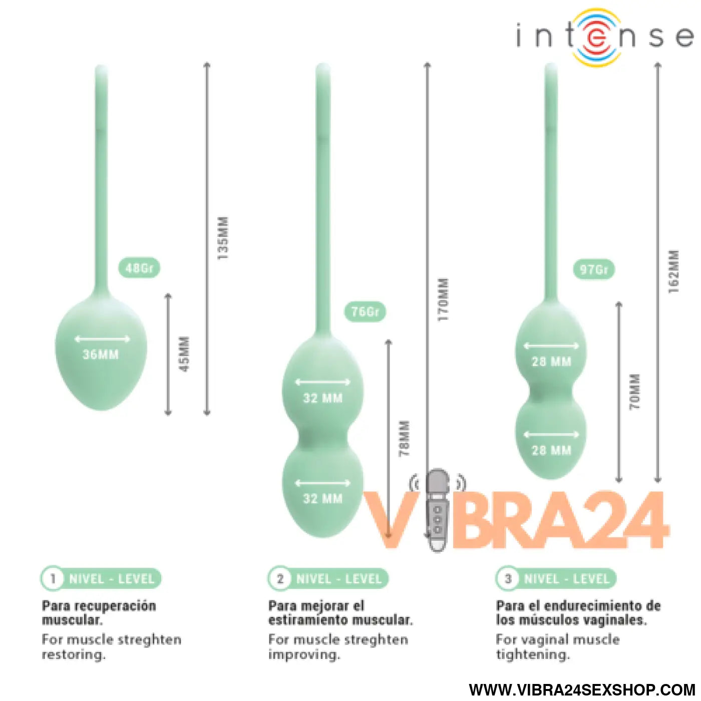 INTENSE - Bola Kegel Charli Verde Claro Kit - VIBRA24 SEXSHOP